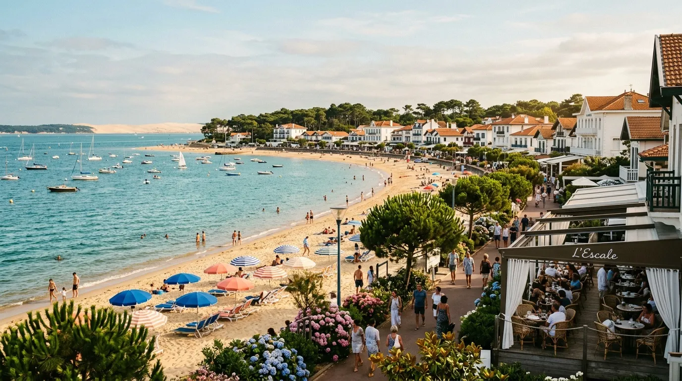 Plage méditerranéenne avec villas, bateaux et parasols colorés