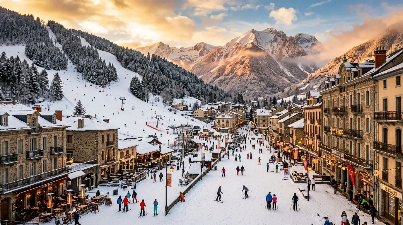 Village montagnard enneigé avec skieurs et pistes de ski
