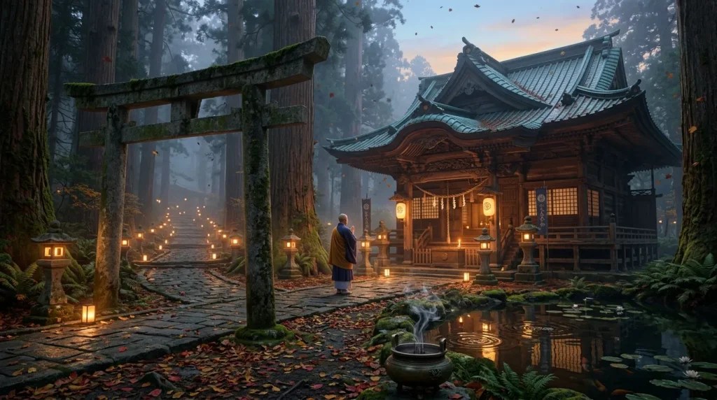 Moine devant temple asiatique illuminé dans forêt automnale