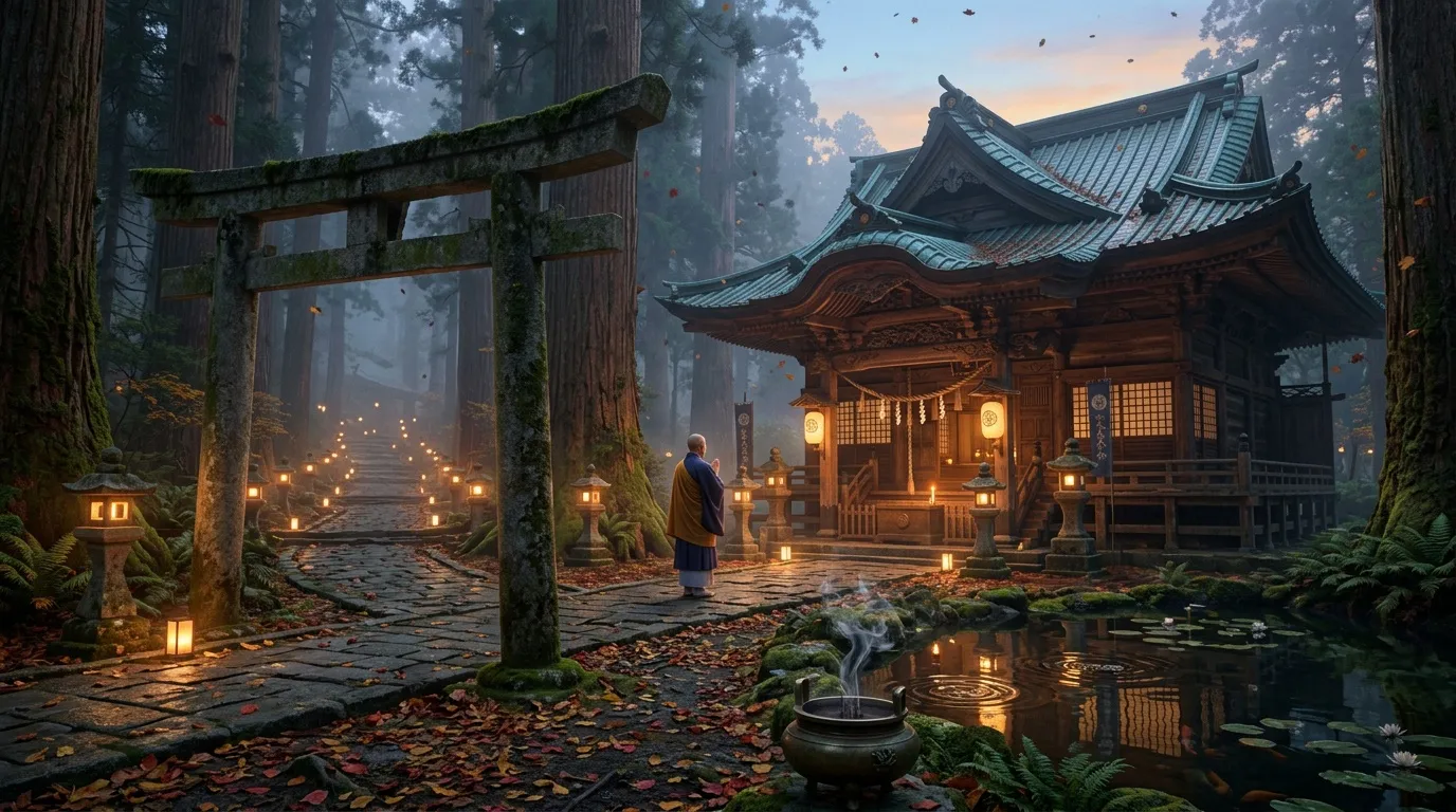 Moine devant temple asiatique illuminé dans forêt automnale