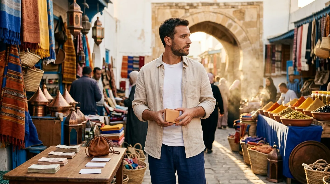 Homme explorant un marché traditionnel avec architecture historique