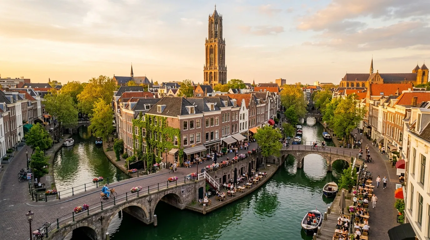 Vue aérienne d'Utrecht avec canaux, ponts et cathédrale gothique