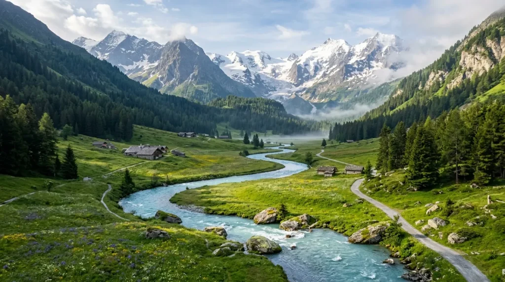 Vallée montagne avec rivière bleue, forêts et chalets alpins