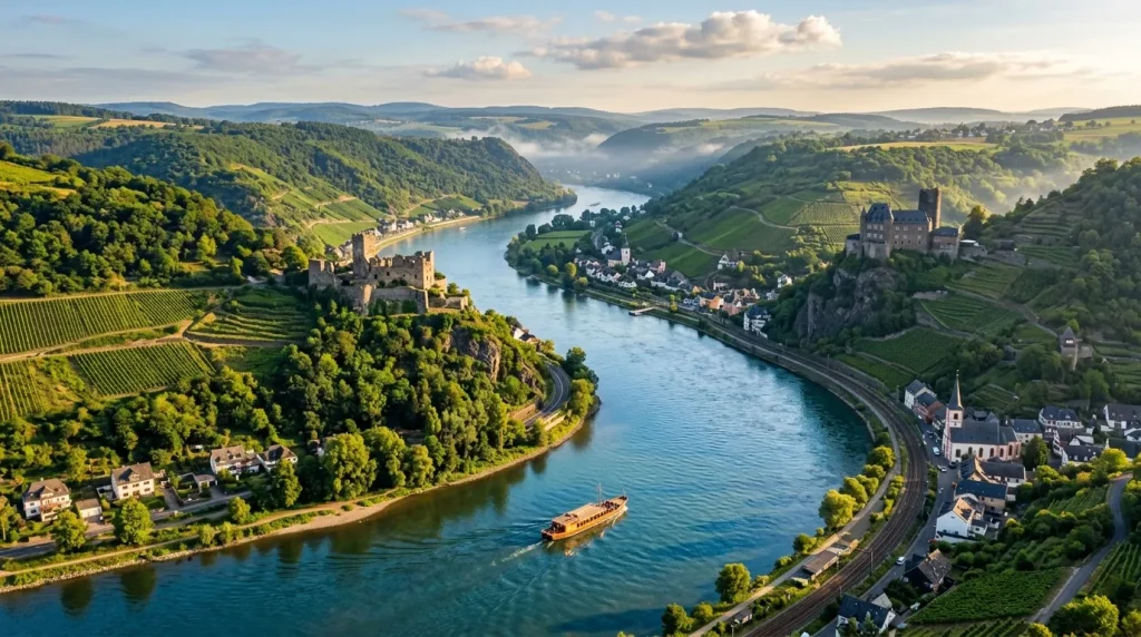 Vallée fluviale avec châteaux, vignobles et bateau touristique
