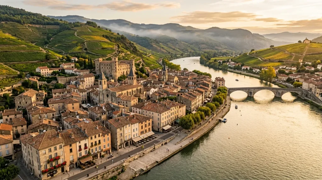 Ville médiévale sur le Rhin avec vignobles terrasses et montagnes