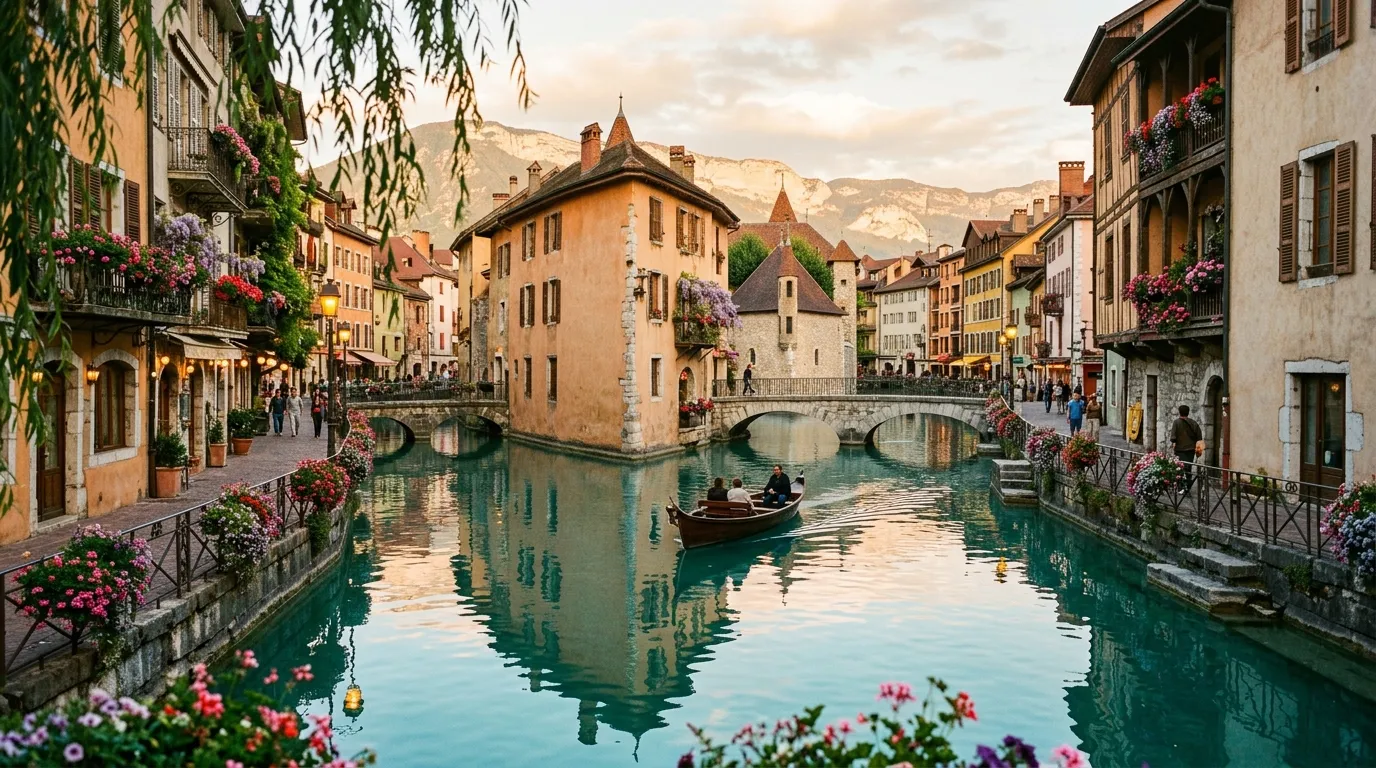 Canal turquoise avec gondole, bâtiments colorés et fleurs roses