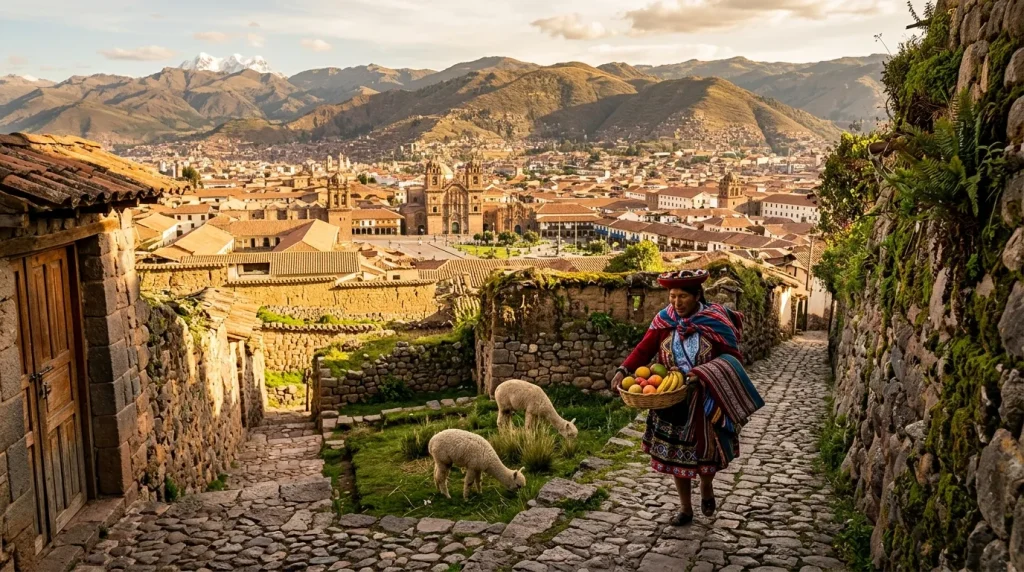 Femme péruvienne avec alpacas dans une ruelle de Cusco
