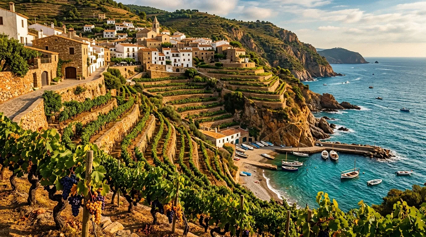 Village côtier avec vignes en terrasses et bateaux