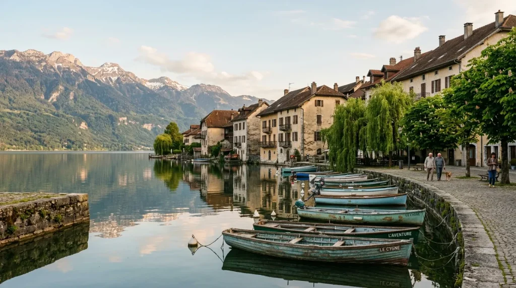 Petit village suisse avec maisons traditionnelles, bateaux et montagnes enneigées