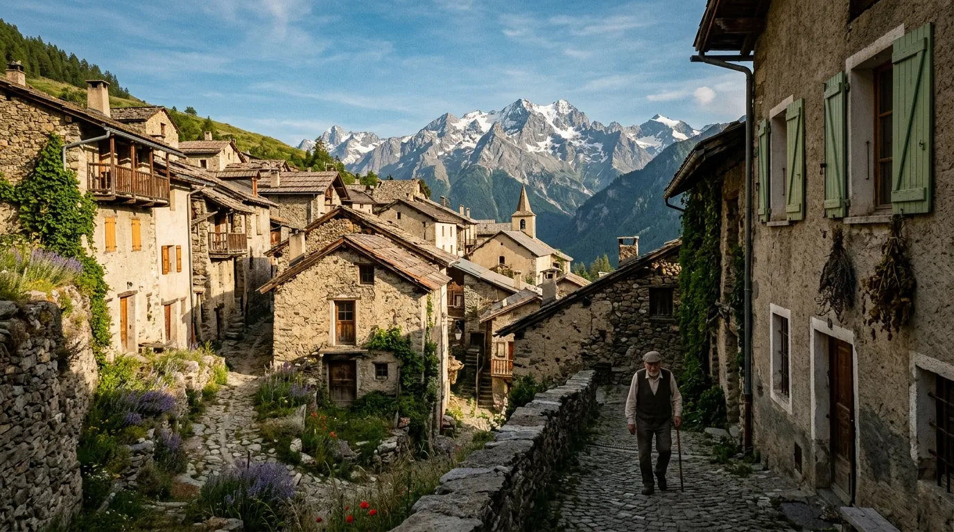 Homme marchant dans village montagnard ancien avec pics enneigés