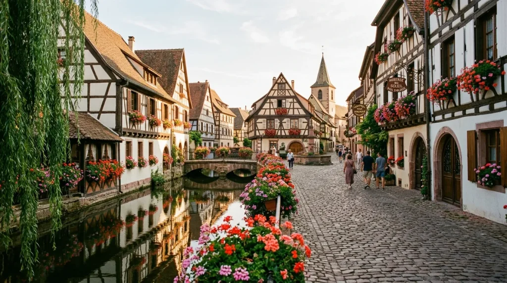 Rue pavée avec canal, maisons à colombages, fleurs colorées.