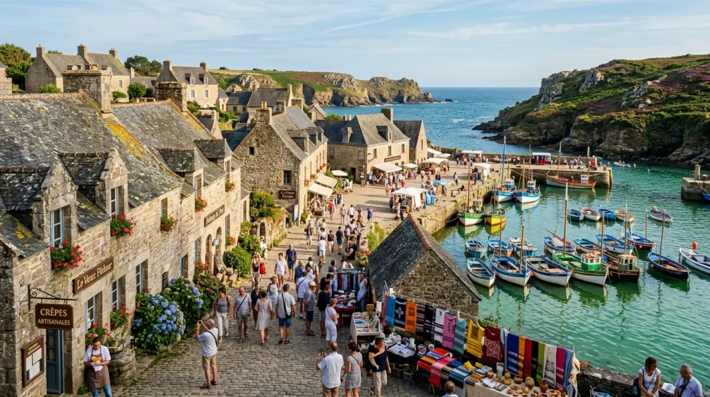 Port de pêche breton avec bateaux colorés et maisons en pierre