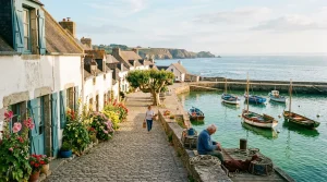 Port de pêche traditionnel avec bateaux colorés et maisons blanches