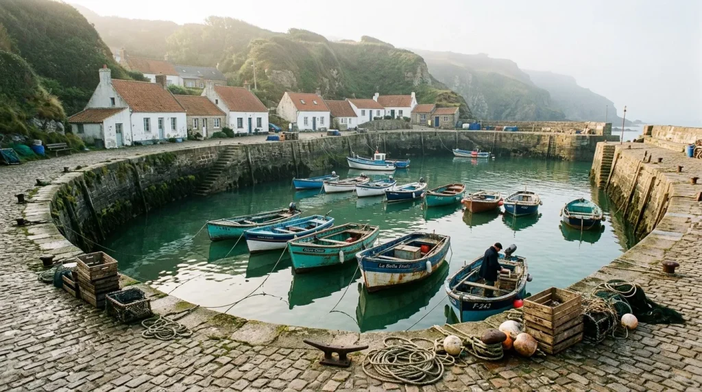 Port de pêche traditionnel avec bateaux colorés et maisons blanches