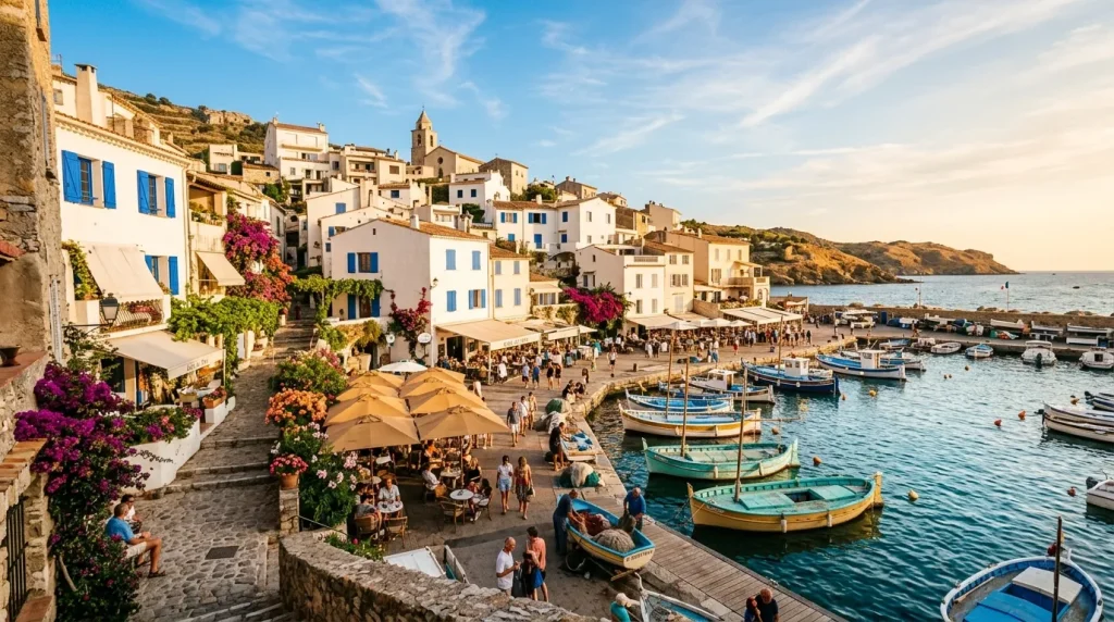 Port méditerranéen avec bateaux colorés et maisons blanches