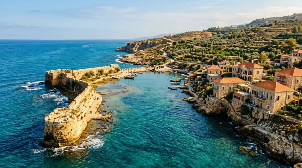 Village de pierre surplombant une baie turquoise méditerranéenne