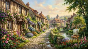 Rue pittoresque avec maisons à colombages, fleurs colorées, rivière et église