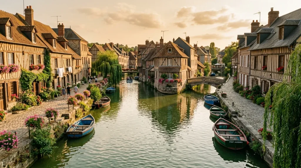 Canal de village médiéval avec maisons à colombages et bateaux