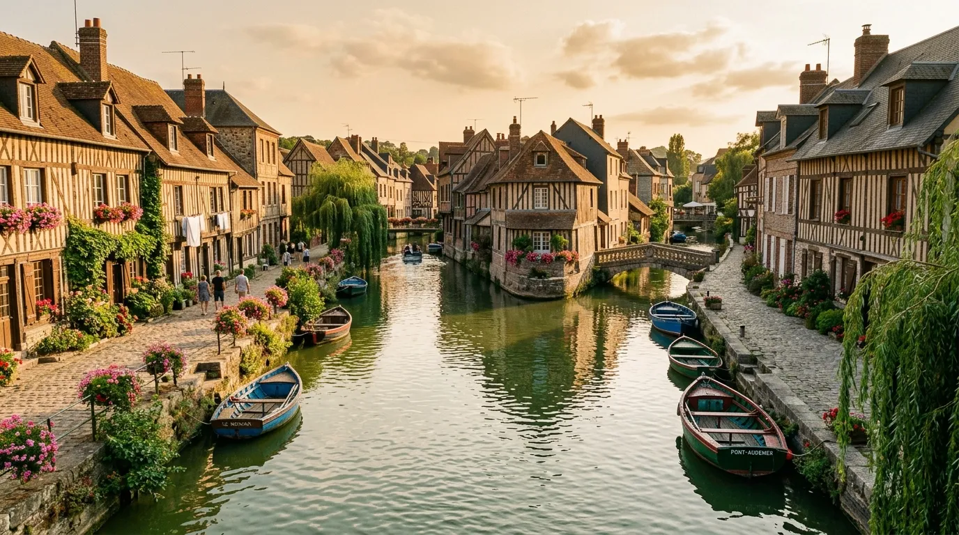 Canal de village médiéval avec maisons à colombages et bateaux