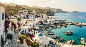 Village grec blanc bleu avec bateaux colorés et mer turquoise