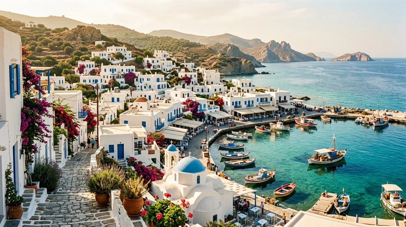 Village grec blanc bleu avec bateaux colorés et mer turquoise