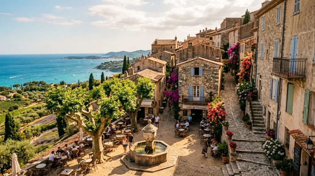 Village côtier avec terrasse, fleurs et vue mer