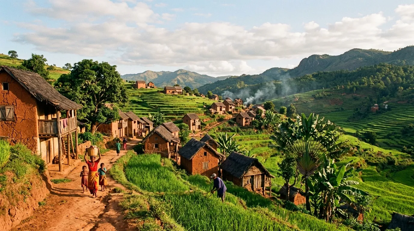 Village traditionnel avec maisons en terre, terrasses agricoles vertes et montagnes.