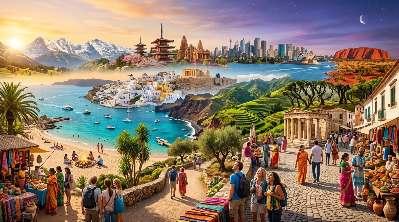 Collage de paysages touristiques mondiaux: plages, temples, montagnes, villes.