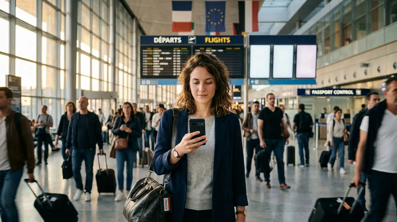 Femme dans un aéroport consultant son smartphone, valise à la main