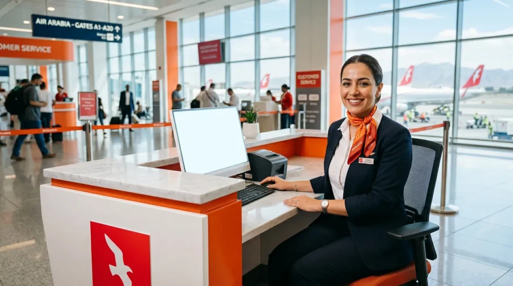 Agent Air Arabia souriante au comptoir d'enregistrement aéroport