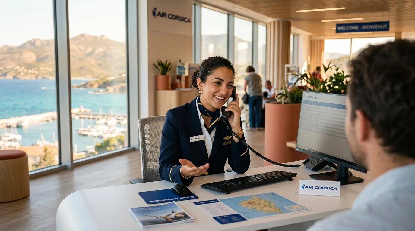 Hôtesse Air Corsica accueille client à la réception aérienne
