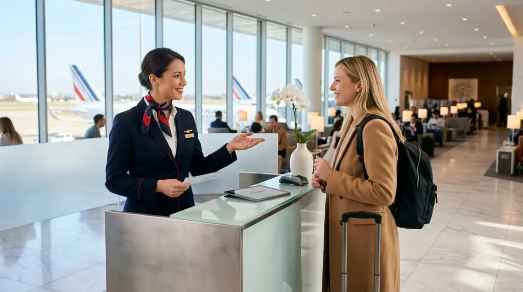 Hôtesse d'Air France accueillant une passagère au comptoir