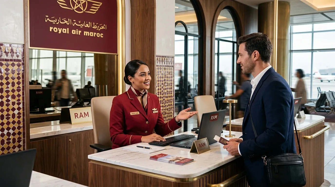 Agent Royal Air Maroc accueillant un passager au comptoir