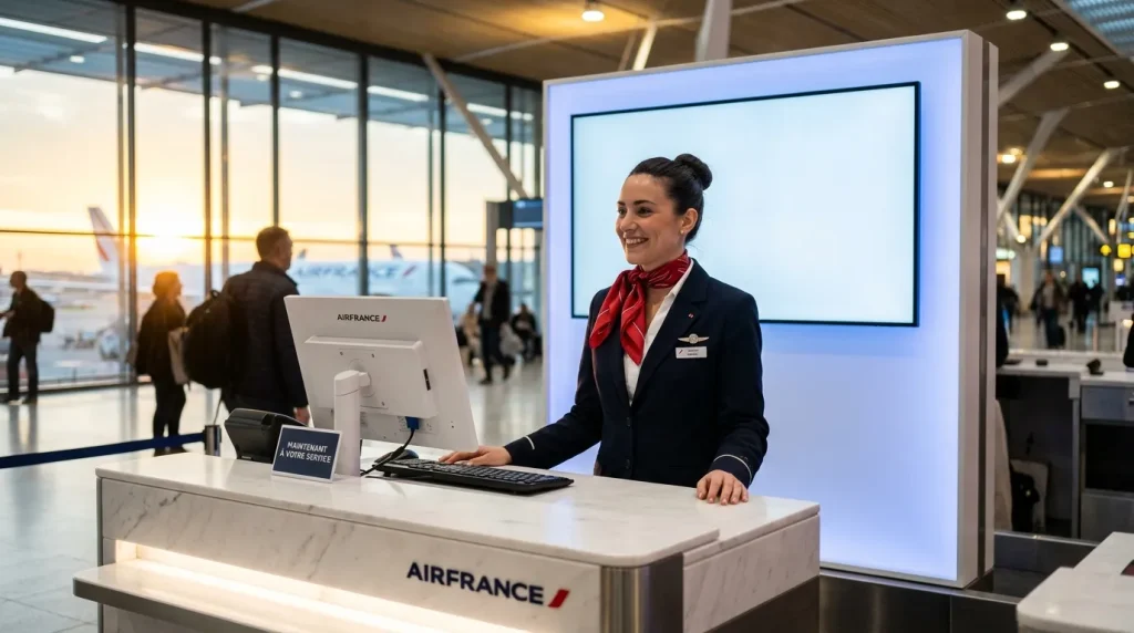 Hôtesse Air France souriante à un comptoir d'aéroport
