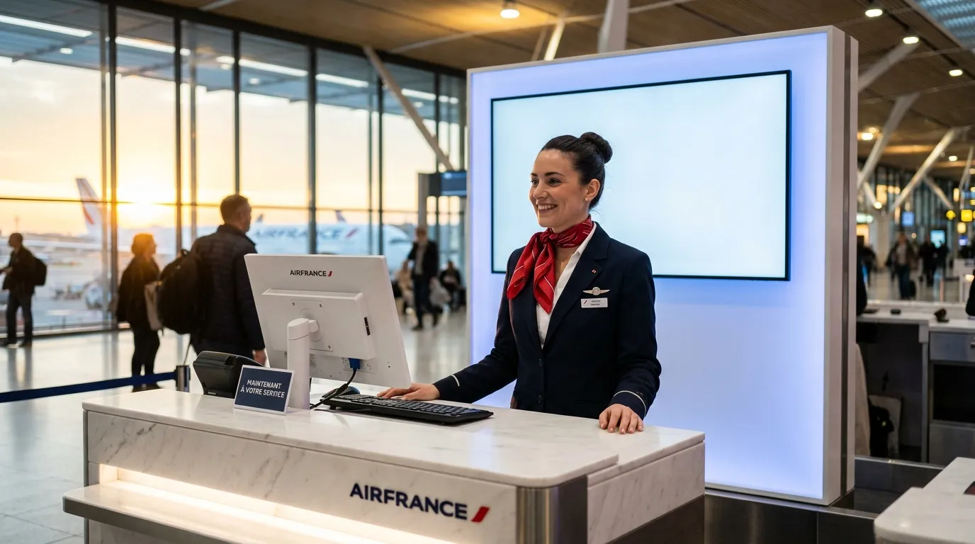 Hôtesse Air France souriante à un comptoir d'aéroport