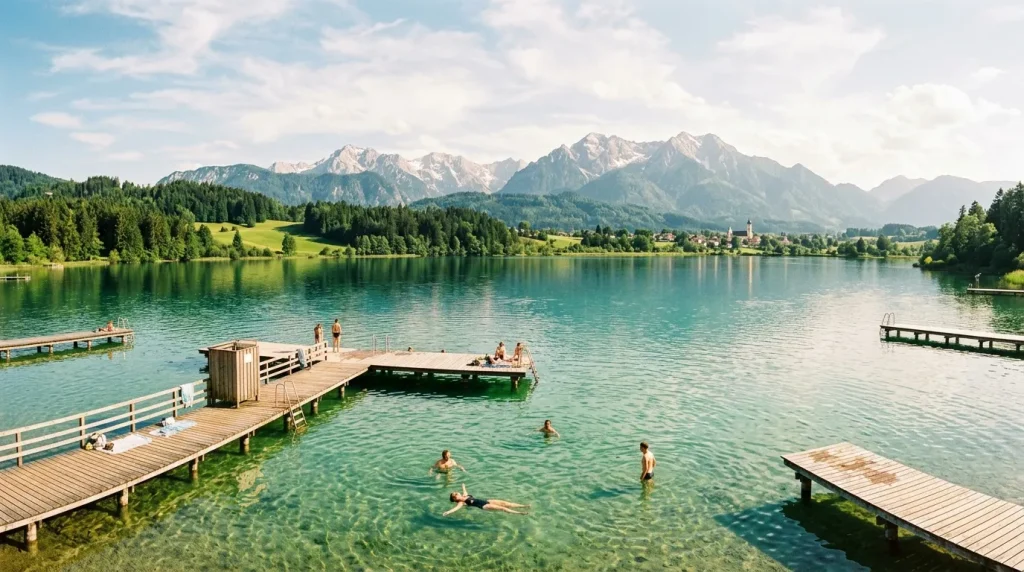 Lac montagneux avec baigneurs, montagnes enneigées en arrière-plan