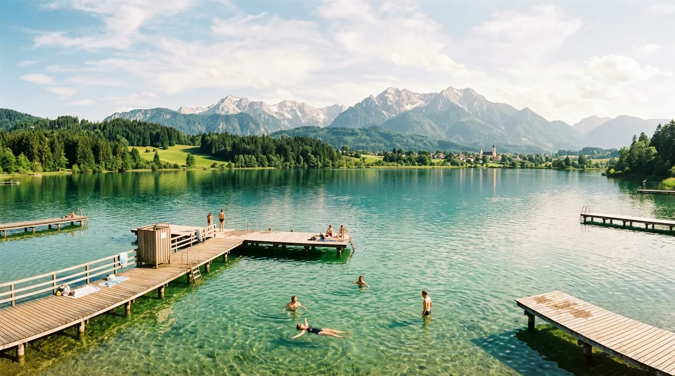 Lac montagneux avec baigneurs, montagnes enneigées en arrière-plan