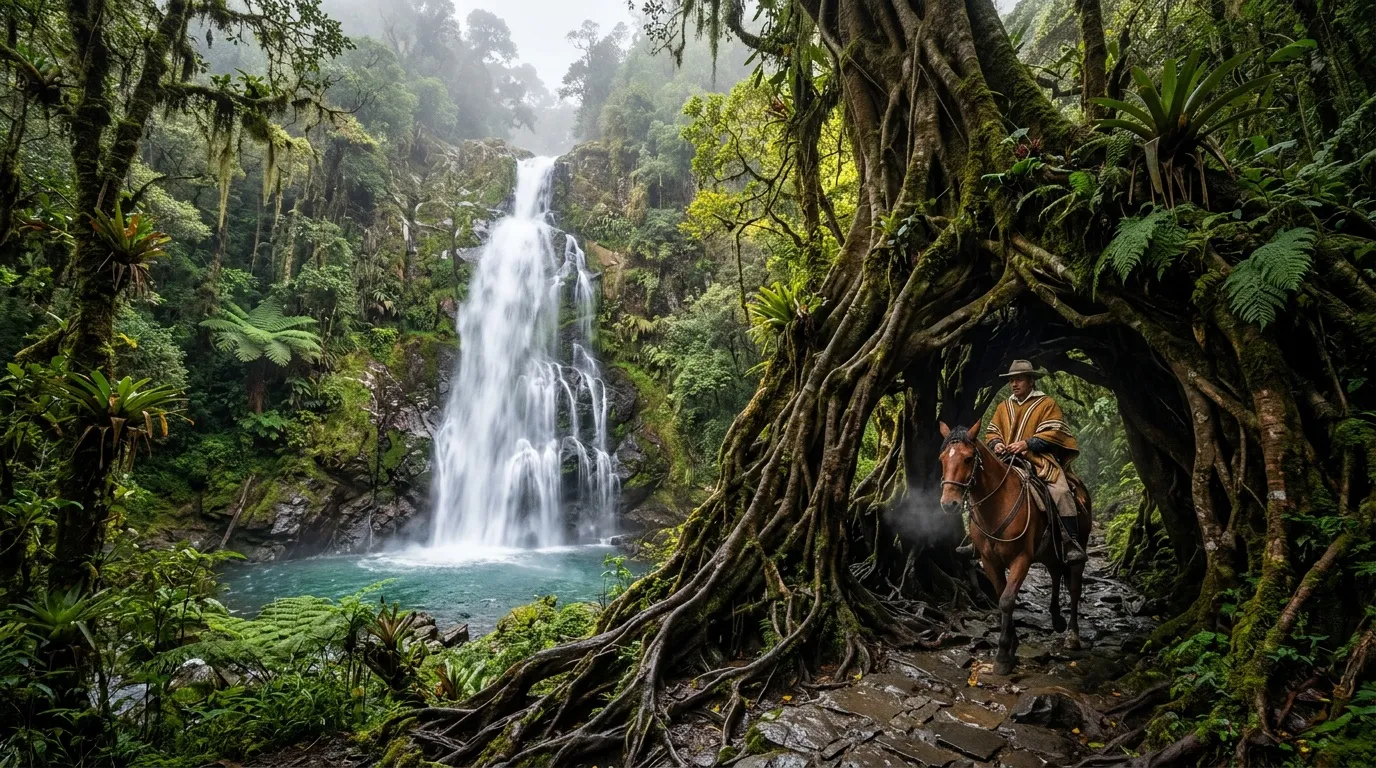 Homme à cheval sous arbres géants près d'une cascade