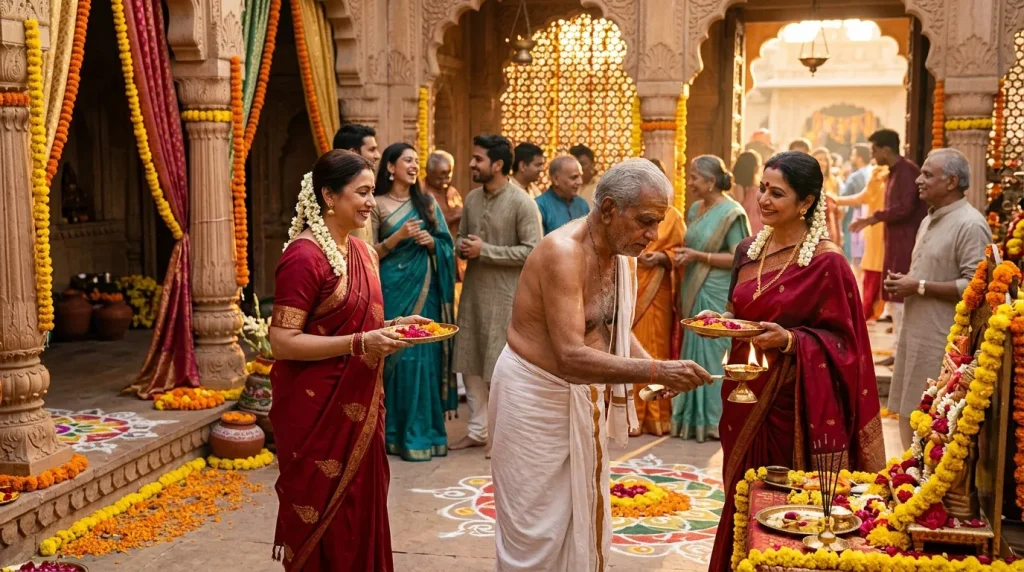 Famille hindoue en tenue traditionnelle célébrant dans un temple orné