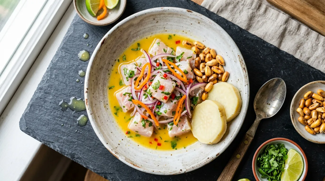 Assiette de ceviche avec poisson, oignons rouges, cacahuètes
