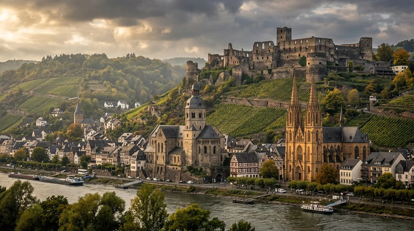 Château médiéval surplombant une ville allemande au bord du Rhin