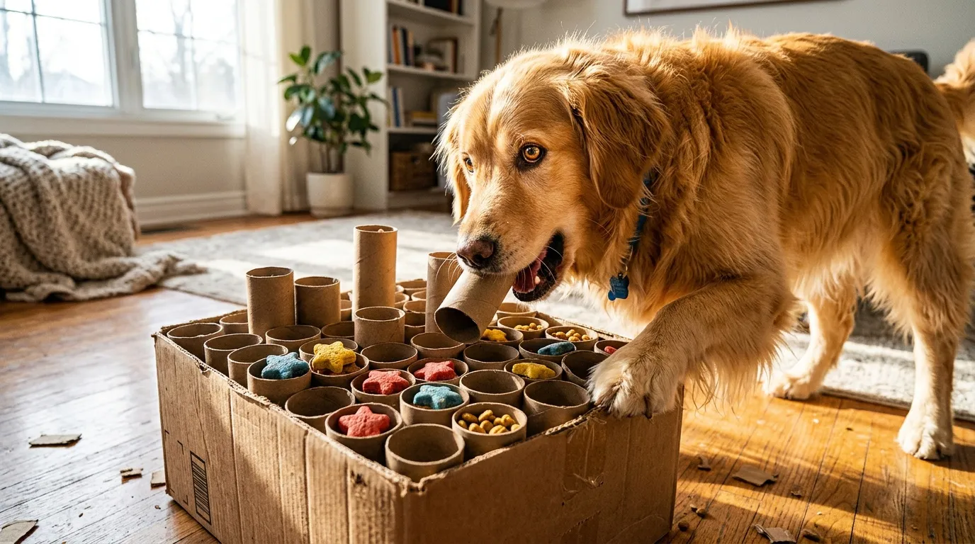 Golden Retriever explore un puzzle de jouets colorés en carton