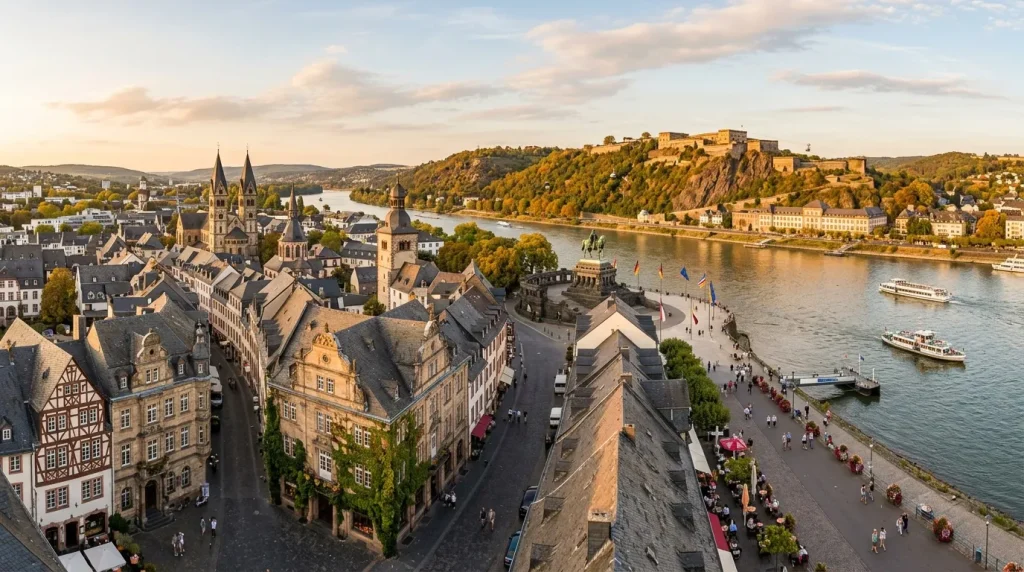 Vue aérienne de Coblence avec cathédrale, Rhin et forteresse Ehrenbreitstein