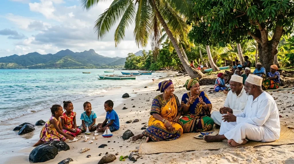 Famille et enfants sur plage tropicale avec bateaux et montagnes