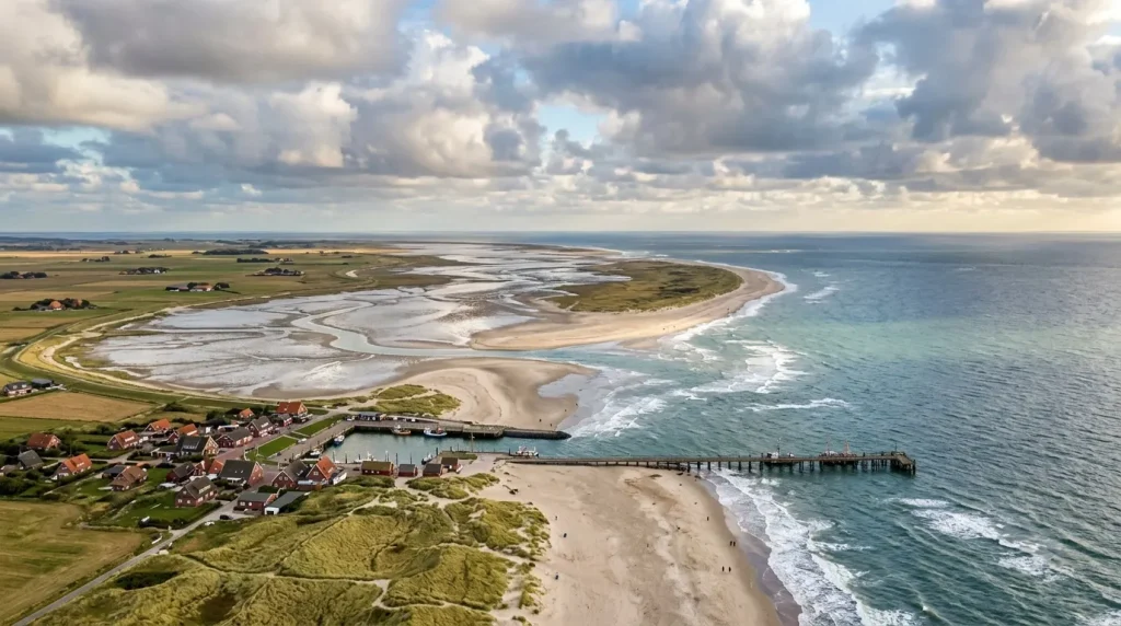 Vue aérienne d'une baie côtière avec plage, village portuaire et terres agricoles