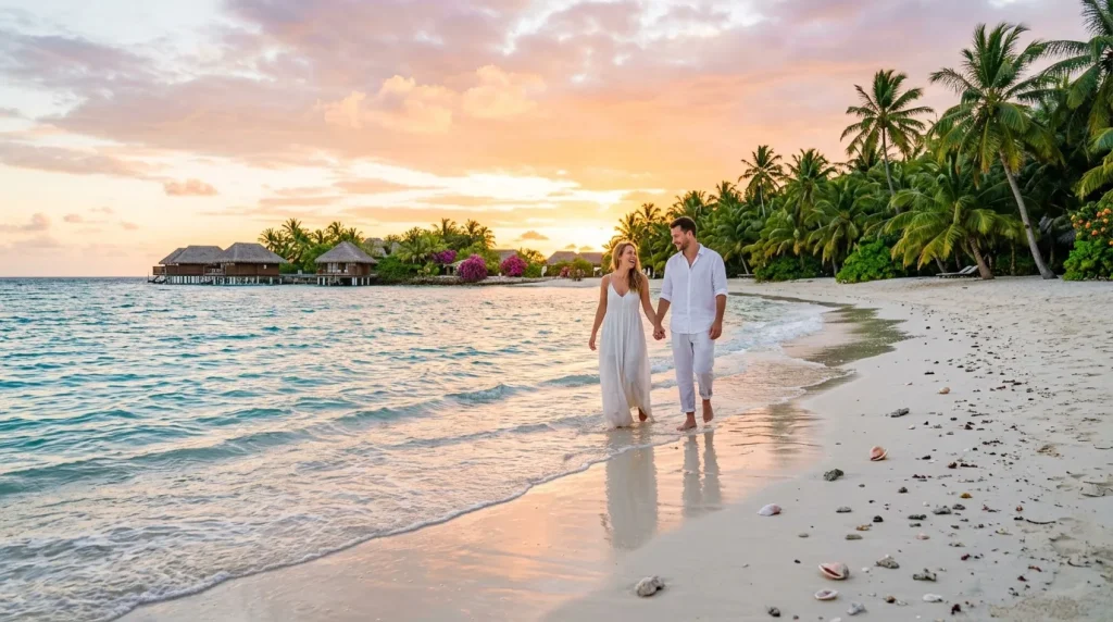 Couple tenant la main sur plage paradisiaque au coucher soleil
