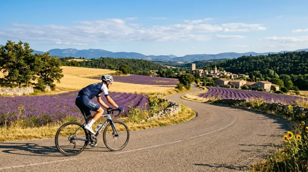 Cycliste sur route sinueuse entre champs lavande Provence