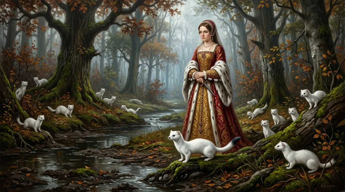 Femme en robe rouge médiévale entourée de belettes blanches en forêt d'automne