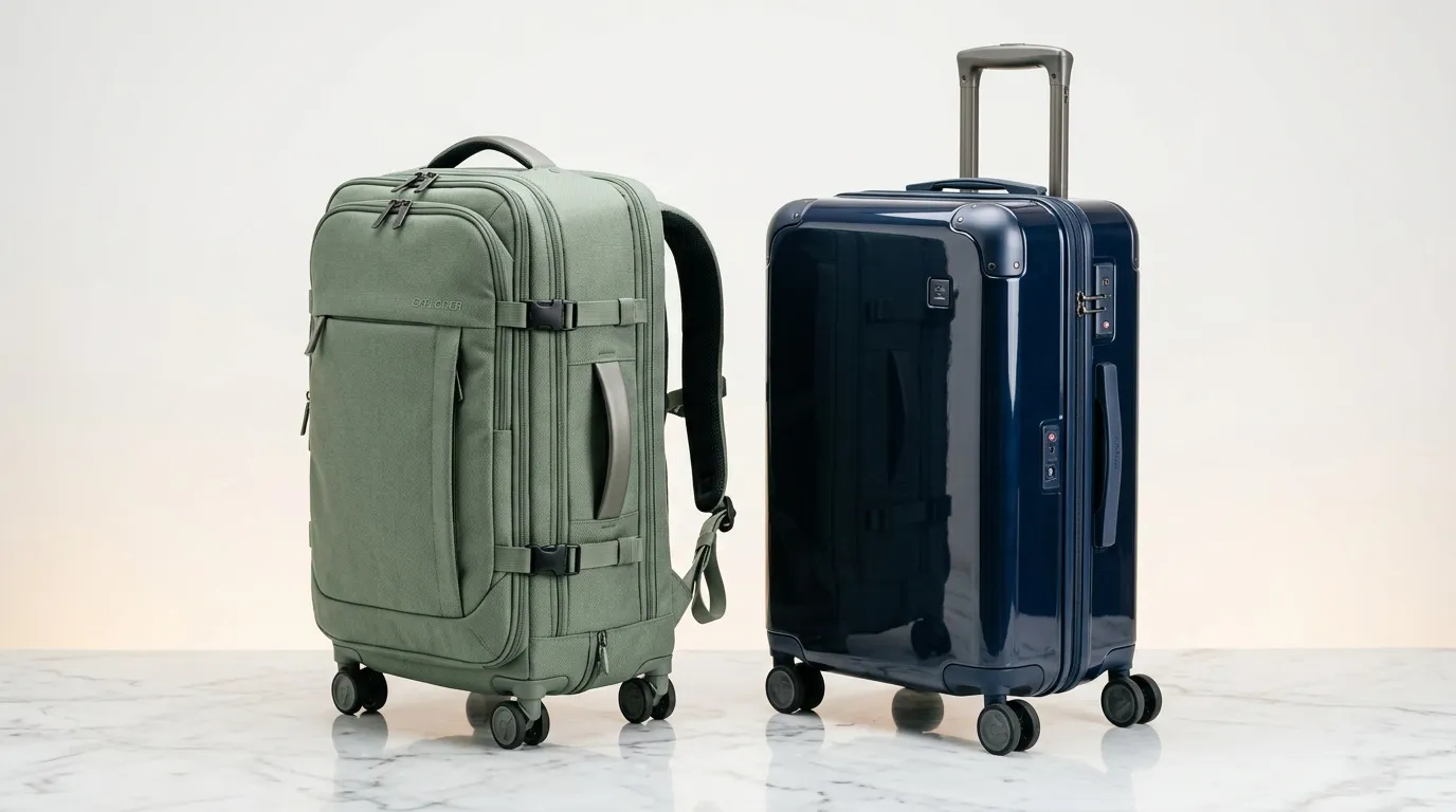 Sac à dos vert et valise bleue avec roulettes.