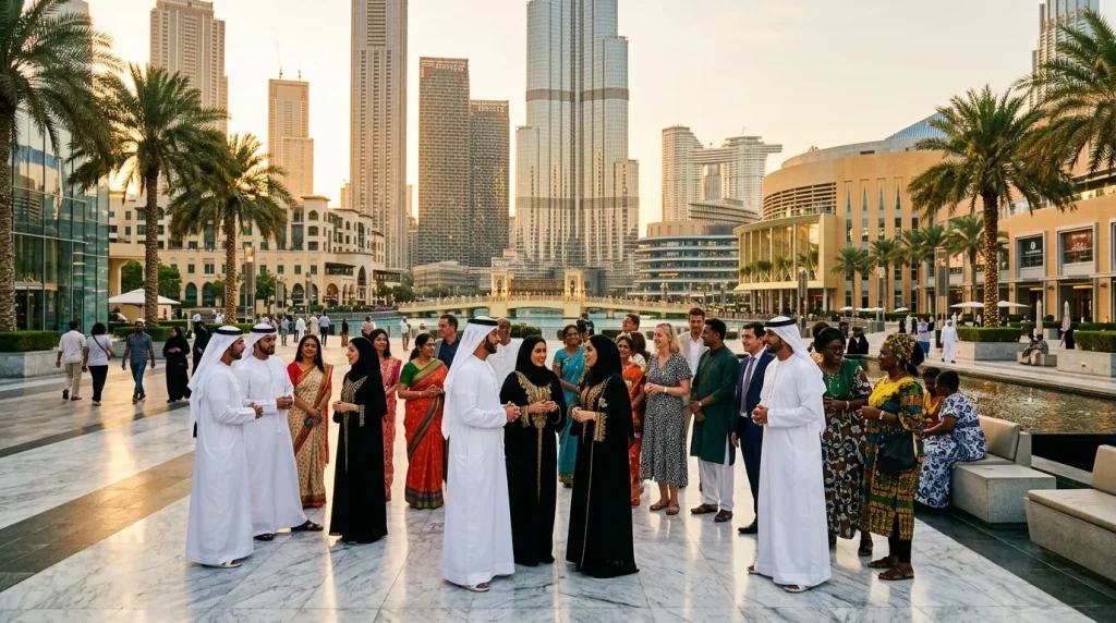 Groupe multiculturel rassemblé à Dubaï avec gratte-ciel en arrière-plan